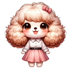 A delightful chibi girl dog wearing a white blouse and a pink skirt
