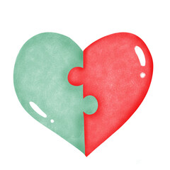 A complete jigsaw puzzles green and red heart for Valentines, couple 