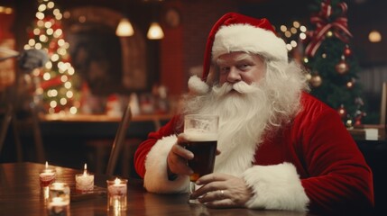 Santa Claus at the bar with a glass of beer. Merry Christmas. Christmas Holiday
