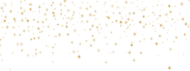 Gold flying star confetti, isolated sparkle vector clip art, holiday frame design, modern flat banner