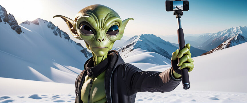 A green alien taking a selfie alone with a selfie stick on a snow-covered white snowfield, Generative Ai