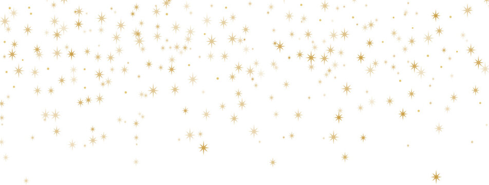 Gold flying star confetti, isolated sparkle vector clip art, holiday frame design, modern flat banner
