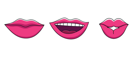 Hand drawn female lips with red lipstick smiling and kissing. Vector illustration