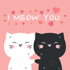 Cute hand drawn white and black cats holding each other paws with phrase I meow you. Valentines Day. Vector illustration