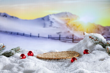 Wooden pedestal on snow decoration and empty space for your decoration. Christmas time and mockup for your products. 
