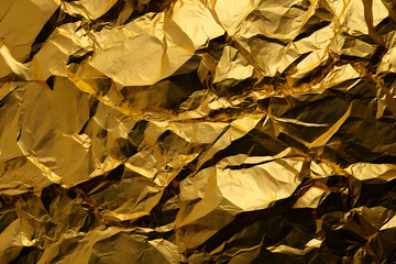 High detailed crumpled gold foil leaf shiny texture, abstract yellow wrapping paper print pattern for walllpaper, background and design art work Generative AI