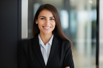 Fototapeta premium A Professional Woman in a Business Suit Standing by a Glass Door