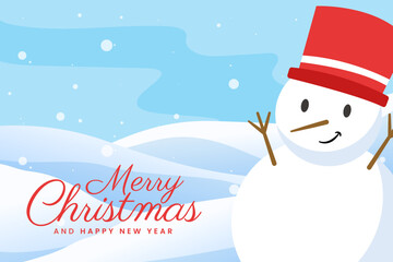 Christmas greetings banner with snowman wearing red hat character on winter landscape background