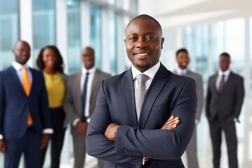 Fototapeta premium Business Professionals Posing in Front of a Modern Office Building