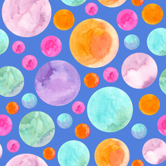 Seamless pattern of watercolor colorful circles. Hand drawn illustration. Hand painted elements on blue background. For prints, wrapping paper, fabric design, packaging, wallpaper.