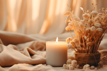 Obraz na płótnie Canvas Burning candle on beige background. Aesthetic muted composition dry flowers, textile. Home interior, comfort, spa, relax and wellness concept. Boho style.
