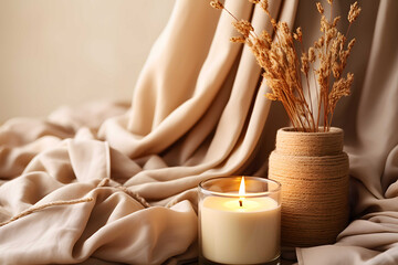 Fototapeta na wymiar Burning candle on beige background. Aesthetic muted composition. Home interior, comfort, spa, relax and wellness concept. Scandinavic style. 