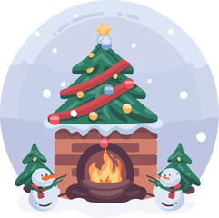 A snowman and a tree by a fireplace