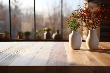 Empty wooden table with kitchen in background. White color and daylight. For product presentation.