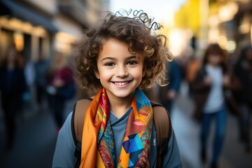 A joyful child with a bright smile walks through a bustling crowd