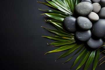Zen stones and tropical leaf on dark background, top view with space for text. Space for text.
