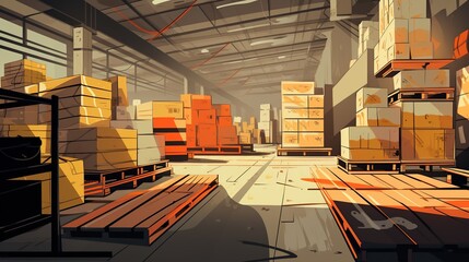 Illustration of retail warehouse or huge distribution warehouse with full carboard, shelves and pallets. Generative AI