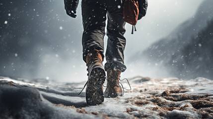 Trekking or hiking on a winter trail. Close up shot of hiking boots or shoes. Outdoor path with snow and water. Detail photo of outdoor hiking boots. - obrazy, fototapety, plakaty