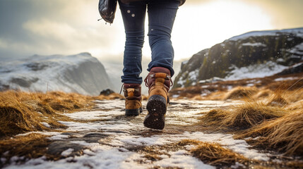 Trekking or hiking on a winter trail. Close up shot of hiking boots or shoes. Outdoor path with snow and water. Detail photo of outdoor hiking boots.