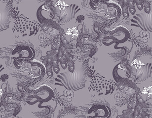 Seamless pattern of peacock and asian dragon. In style Toile de Jou. Suitable for fabric, mural, wrapping paper and the like - obrazy, fototapety, plakaty