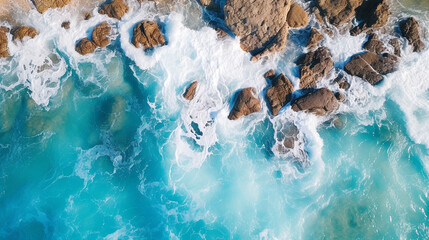 Coast of desert island with blue turquoise water beats on rocky reef . Aerial top view - obrazy, fototapety, plakaty