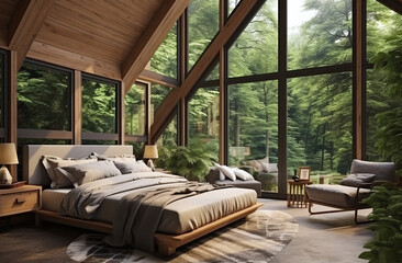 Beautiful cozy cabin bedroom interior with big windows
