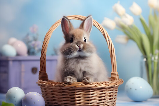 Easter bunny in a basket with colored eggs and flowers on blue soft background with flowers