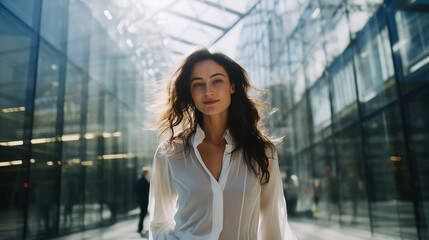 Fototapeta premium Woman stands against a business center. Young businessperson near an office building in the financial district of the city. Urban concept. Walk in a modern city. Generated AI