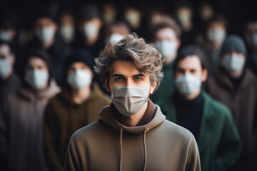 Not like everyone, a man is not wearing a protective mask among other people wearing masks. concept of social consciousness and proper behavior - obrazy, fototapety, plakaty