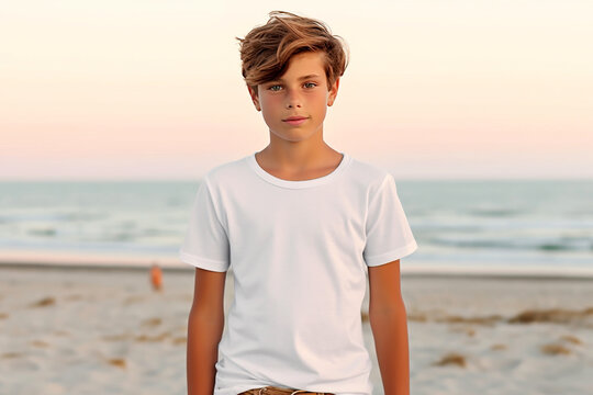boy wearing bella canvas white shirt mockup, Design t-shirt template, print presentation mock-up