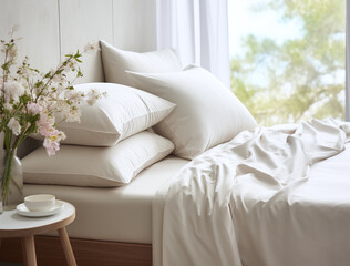 Closeup on a white bed with pillows illuminated by the sun near a window