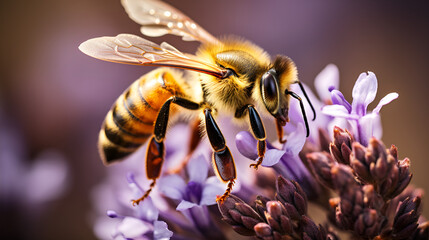 Sunlit honey bee gracefully perches on a lavender blossom, warm golden background., The bee (Apis mellifera) collects nectar from lavender. Banner photo. generative ai, macro photo bee collects necta
 - obrazy, fototapety, plakaty