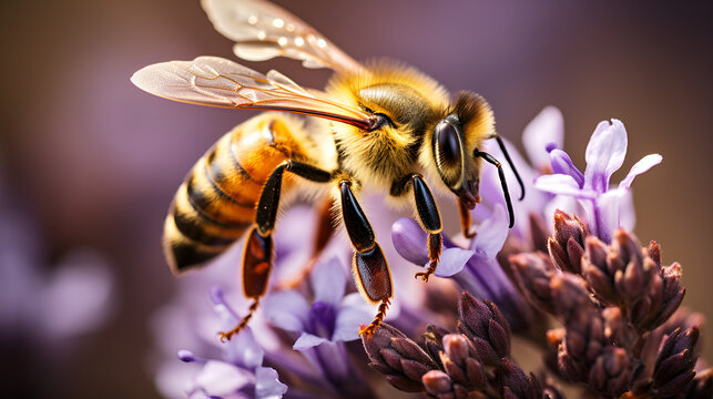 Sunlit honey bee gracefully perches on a lavender blossom, warm golden background., The bee (Apis mellifera) collects nectar from lavender. Banner photo. generative ai, macro photo bee collects necta
