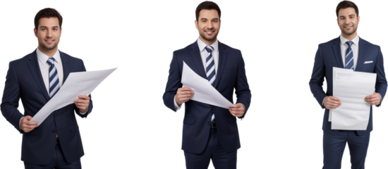 a photo of a businessman reading files and documents in hand wearing suit, advertisement for coaching classes, and a successful man, without a background - Generative AI