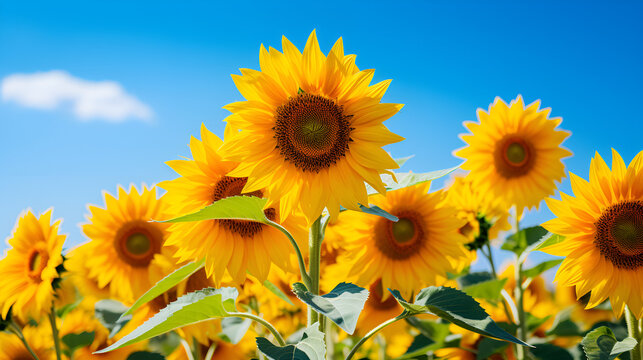 A vibrant field of sunflowers, their bright yellow petals turning towards the sun, radiating warmth and happiness. generative ai, A vibrant field of sunflowers, their bright yellow petals turning tow
