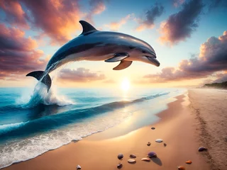 Foto op Plexiglas a giant dolphin leaping from sea into the beach © Meeza