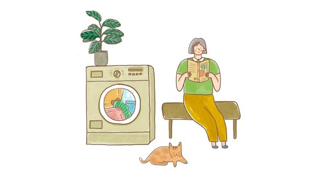 A short haired woman is reading books while waiting for clothes to be washed in the washing machine with an orange cat laying near her on a white background