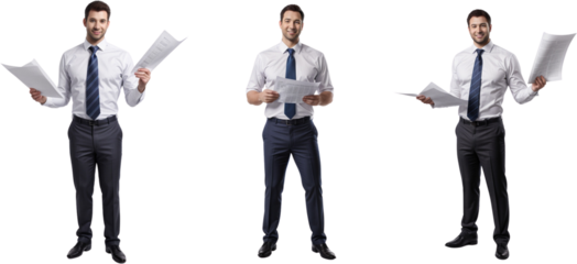 a photo of a businessman reading files and documents in hand wearing suit, advertisement for coaching classes, and a successful man, without a background - Generative AI