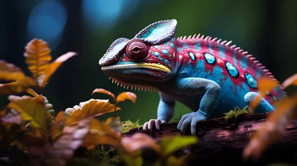 Foto op Plexiglas An_elegant_chameleon, A cute blue chameleon with spots sits on a branch, close-up. Generative AI, colorful chameleon on branch in a forest, The Chameleon reptile in Gradation Color, Colorful chame     © Micro