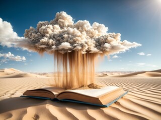a book in a desert, Sand emerges from the book's pages and transforms into clouds in the air,