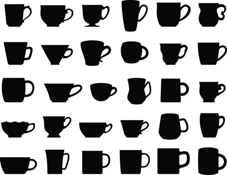 Set of different mugs and tea cups silhouettes
