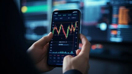 Fototapeta na wymiar Trader using mobile app for crypto market analysis, trading