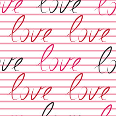 Vector seamless pattern with love word in red, pink and black colours in white background