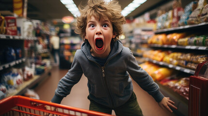 A child is screaming in a store. - obrazy, fototapety, plakaty