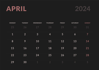 Monthly page Calendar Planner Templates of April 2024. Vector layout of simple calendar with week start Monday for print. Page for size A4 or 21x29.7 cm in dark color