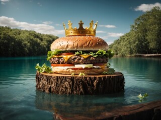 a burger sandwich on a cut tree trunk surface floating on water