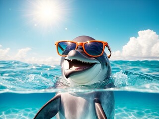 a dolphin smiling and wearing sunglasses