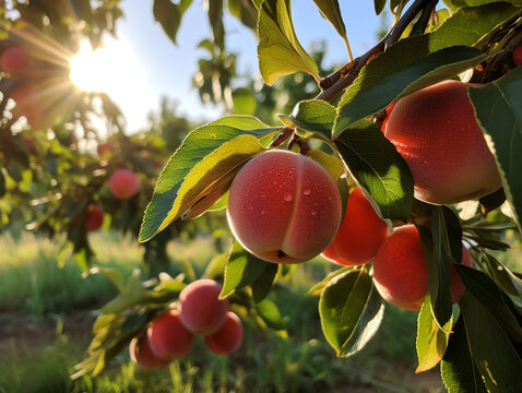Close-up peach fruits in the farm that are lush and ready to harvest. The daytime atmosphere is bright and fresh
