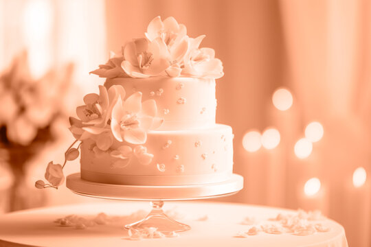 A beautiful peach-colored birthday cake on a background with a place to copy. A space to copy the peach color. 