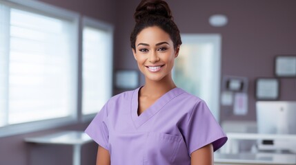 Young nurse wearing purple medical scrubs, smiling